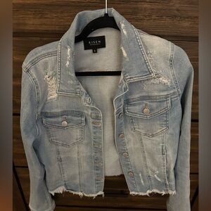 Risen cropped distressed denim jacket